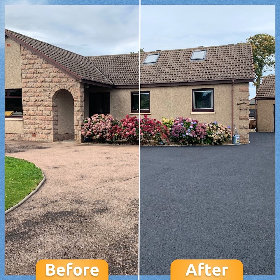 Before and after of a tarmac driveway restored with three coats of sealer